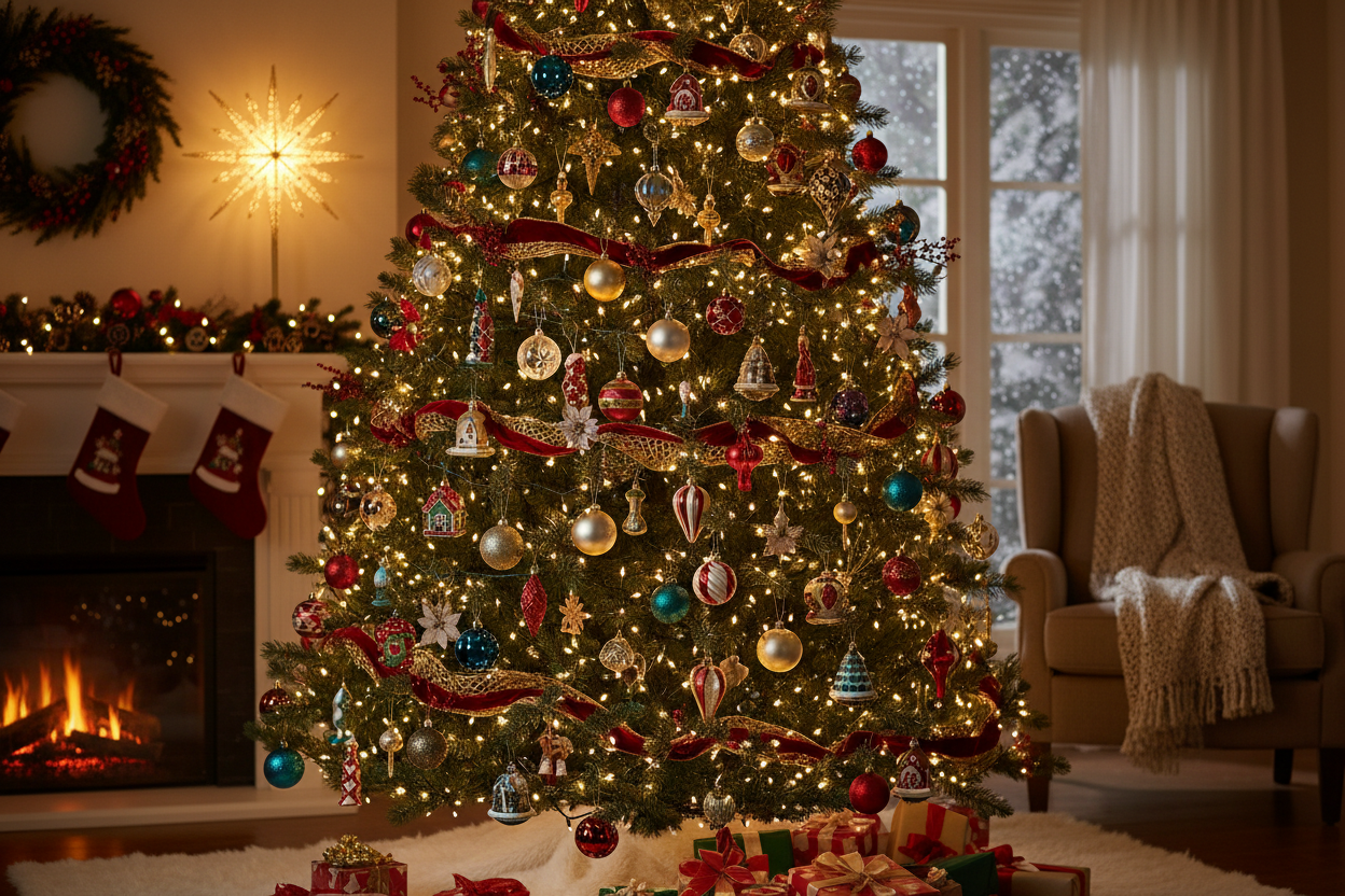 PERFECT CHRISTMAS TREE DECORATED WITH LIGHTS AND ORNAMENTS